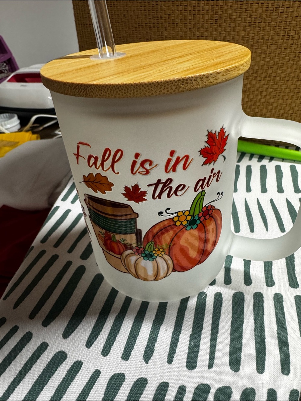 Fall is in the Air Pumpkin Frosted Glass Mug with Bamboo Lid